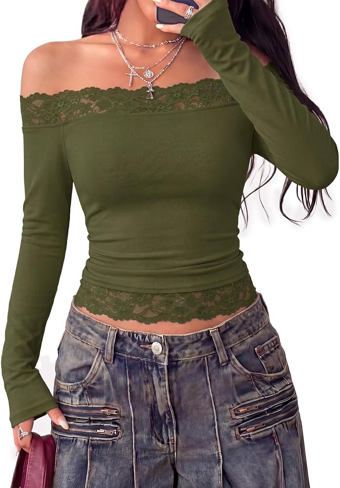 PRETTYGARDEN Women Lace Off the Shoulder Cute Going Out Tops | Amazon (US)
