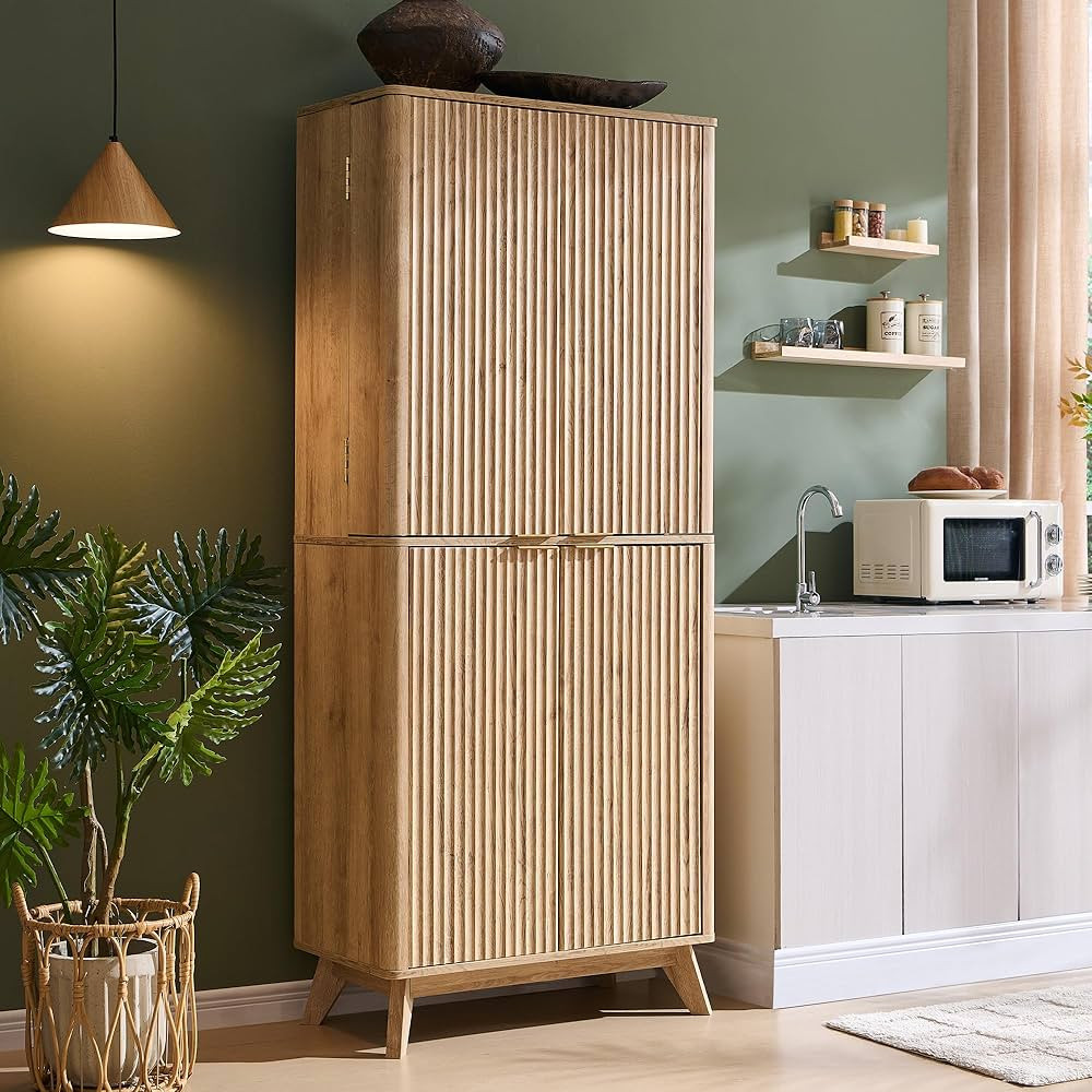 OKD Fluted Kitchen Pantry, 72" Tall Mid Century Modern Storage Cabinet with Adjustable Shelves & ... | Amazon (US)