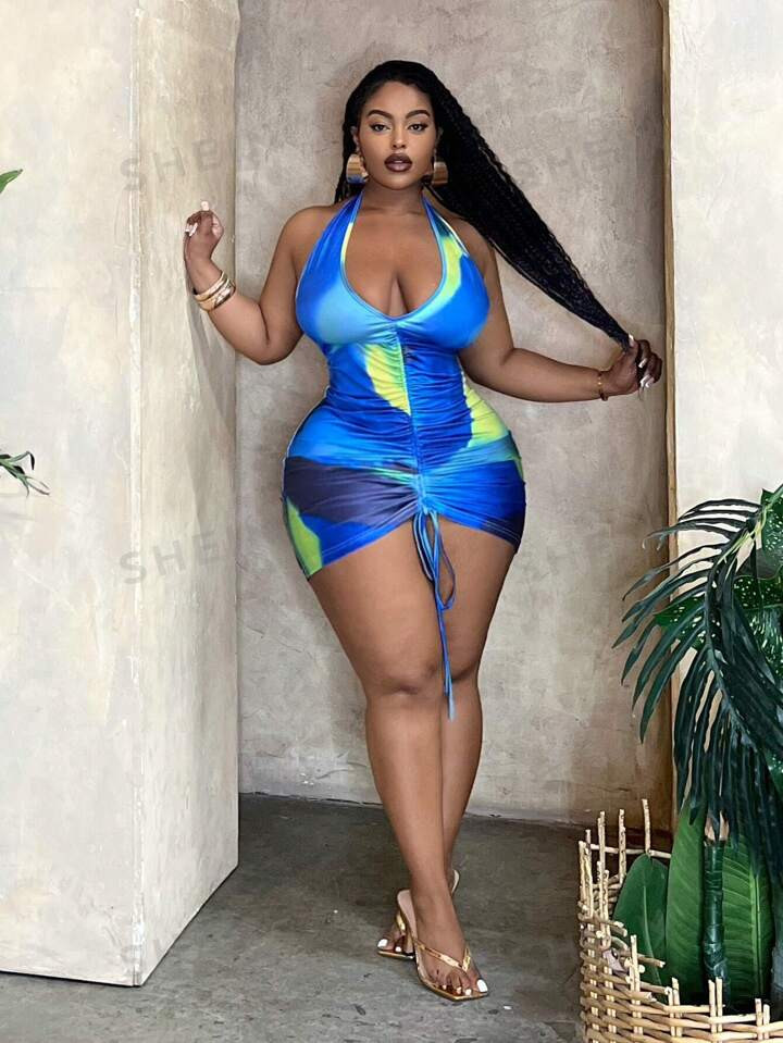 SHEIN Slayr Plus Size Women's Vacation Sexy Halter Neck Strap Tie Dye Mini Dress With Drawstring | SHEIN