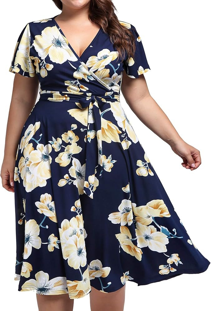 kissmay Plus Size Womens V Neck Floral Cocktail Party Midi Dresses with Pocket | Amazon (US)