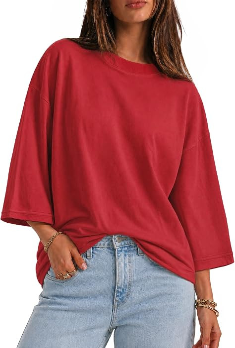 Womens Oversized T-Shirt Casual 3/4 Sleeve Summer Boxy Tops Loose Fit Crew Neck Basic Shirts | Amazon (US)