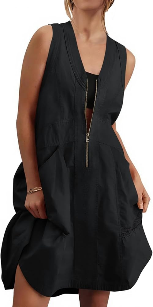 Fisoew Women's Sleeveless Tank Mini Dress Casual Half Zip V Neck Loose Mesh Back Utility Summer D... | Amazon (US)
