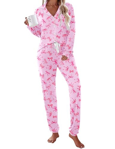 Ekouaer Pajamas Set Long Sleeve Sleepwear Womens Button Down Nightwear Soft Pj Loungewear with Pockets,Pink Bow,L | Amazon (US)