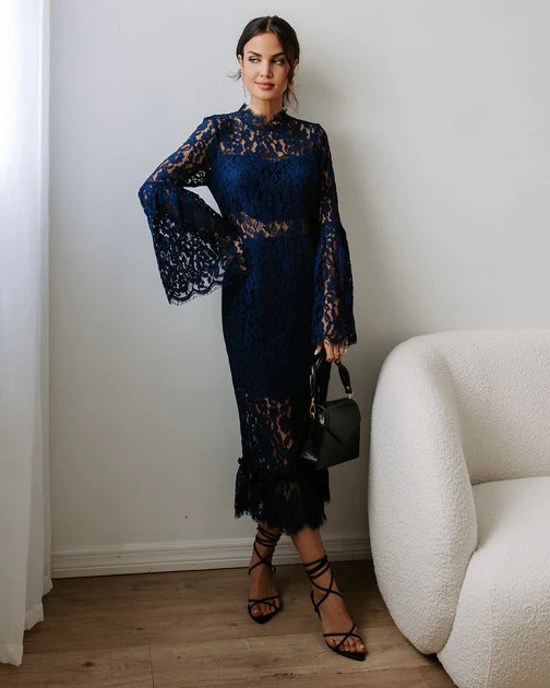 Love Story Baby Lace Bell Sleeve Midi Dress - Navy - FINAL SALE | VICI