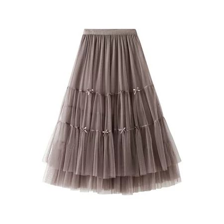 Women Layered Mesh Midi Tulle Skirt with Bow Solid Color High Waist A Line Skirt with Lining | Walmart (US)