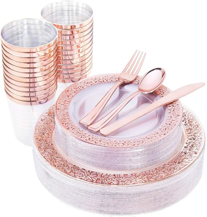 I00000 150 Pcs Rose Gold Plastic Plates & Silverware & Disposable Cups, Laced Design Includes 25 ... | Amazon (US)