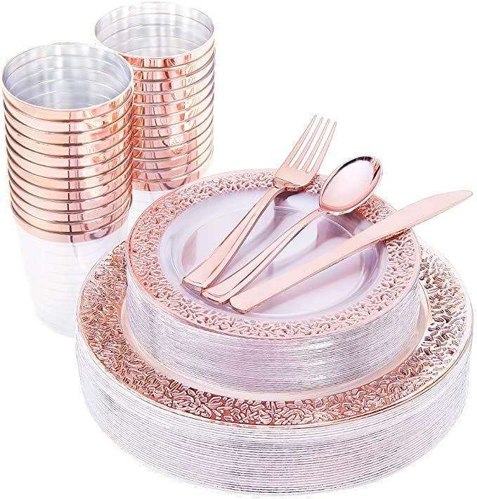 I00000 150 Pcs Rose Gold Plastic Plates & Silverware & Disposable Cups, Laced Design Includes 25 ... | Amazon (US)