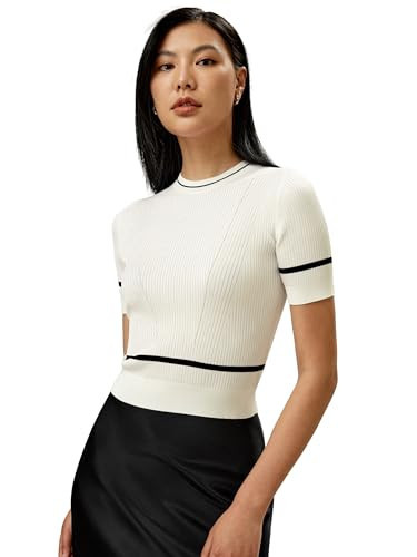 LilySilk Silk Sweater for Women Short Sleeve Ribbed Knit Silk Crop Top Slim Fit Ladies Pullover Soft Summer White X-Large | Amazon (US)