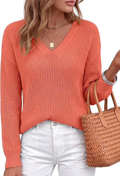ANRABESS Womens Fall V Neck Sweater 2026 Fall Outfits     Soft Warm Loose Fit Pullover Sweaters, ... | Amazon (US)