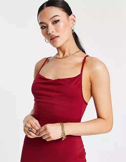 ASOS DESIGN cami cowl bodycon midi dress in dark cherry | ASOS (Global)