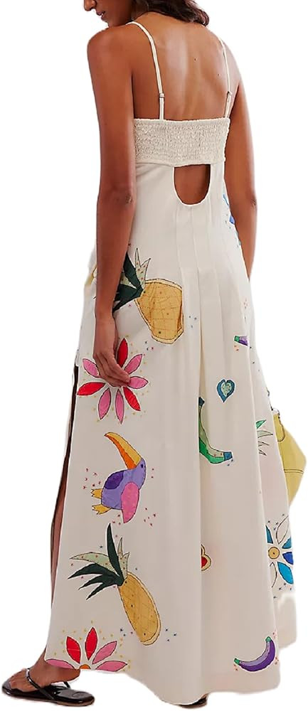 Women Floral Boho Maxi Dress Graphic Spaghetti Strap Long Dress Tiered Flowy Cami Dress Backless ... | Amazon (US)