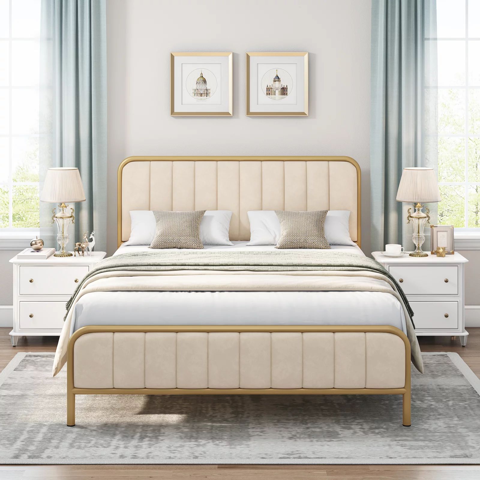 Homfa Queen Size Bed Frame, Metal Tubular Platform Bed Frame with Upholstered Headboard, Beige Wh... | Walmart (US)