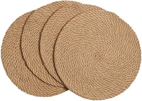 Amidaky Round Woven Placemats Thermal Insulation Dining Table Placemats Natural Jute Set of 4 Brown  | Amazon (US)
