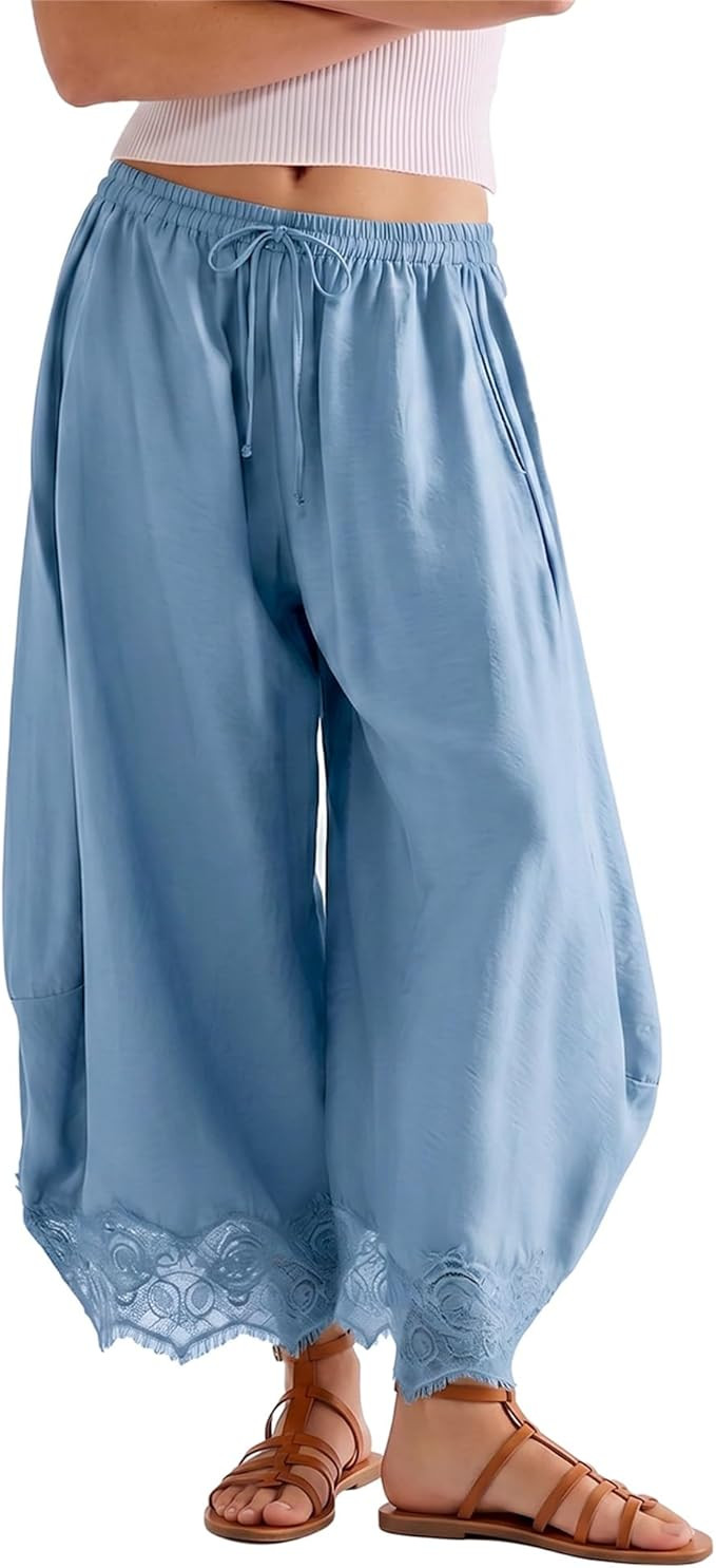 SeeLuNa Comfy Women's Pants Cropped Lace Hem Pants Summer Boho Drawstring High Rise Wide Leg Loun... | Amazon (US)