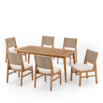 Zaytoune Outdoor 7-Piece Acacia Wood & Wicker Woven Dining Set With Cushions | Wayfair North America