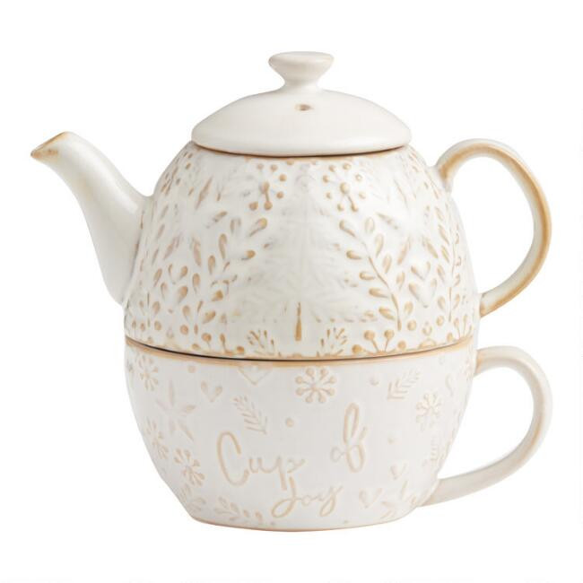 Cream Embossed Holiday Stacking Teapot and Mug Set | World Market