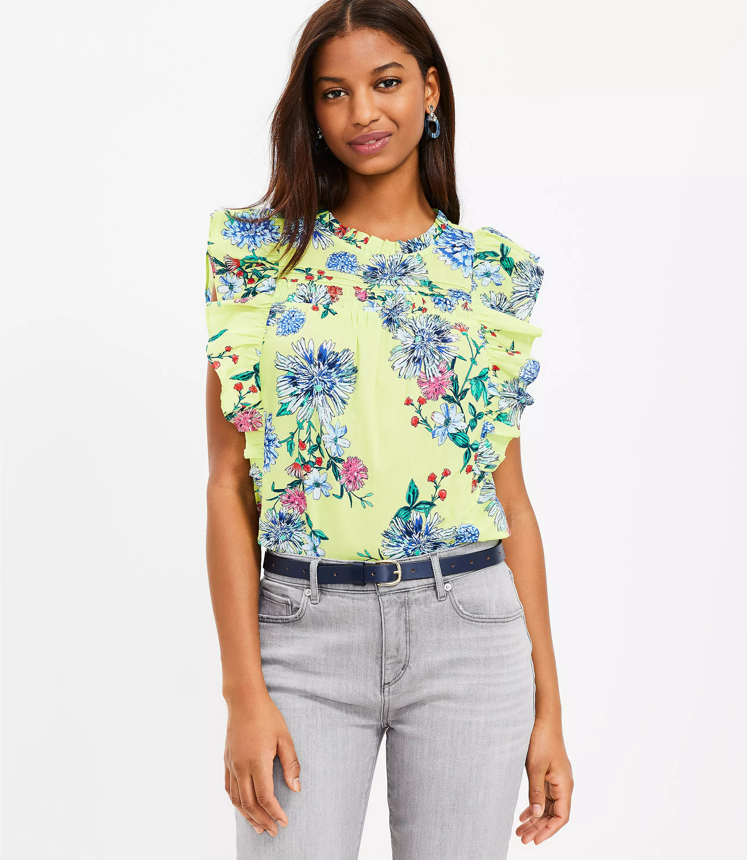 Bouquet Pintucked Ruffle Shell | LOFT