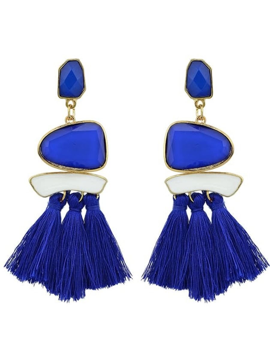 Blue Bohemian Style Ethnic Statement Big Tassel Drop Earrings | SHEIN