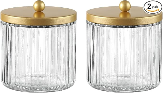 KMwares Set of 2 Glass Qtip Holder Dispenser Set for Cotton Ball, Swab, Round Pads, Floss Picks -... | Amazon (US)