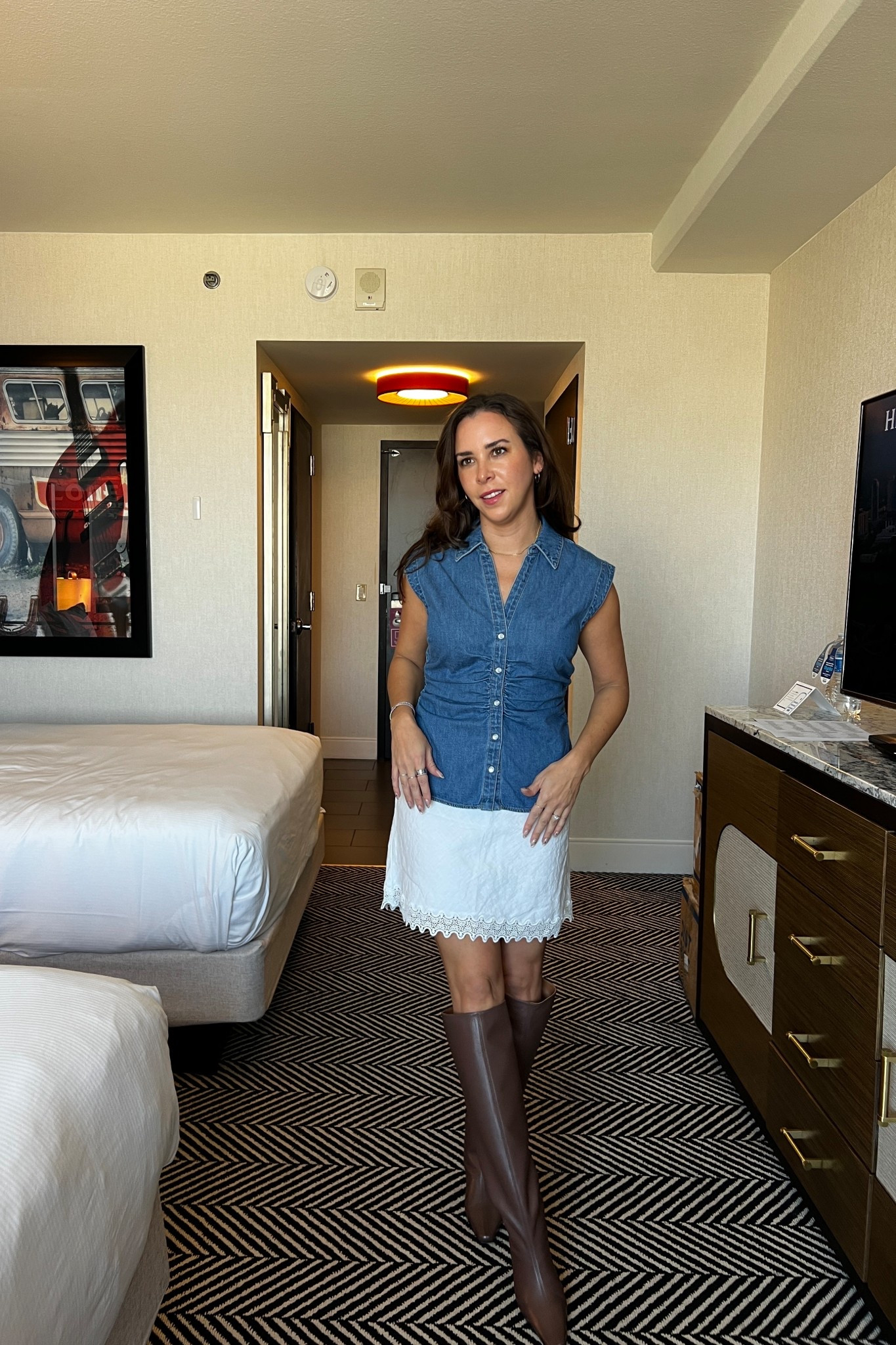 Outfit in Austin Texas. 

Denim top. Veronica beard. Linen skirt. Jcrew skirt. Linen and denim. Knee high boots. Staud boots. Wally boots. Brown blue white. Casual night out. 

#LTKFindsUnder100 #LTKSaleAlert #LTKStyleTip