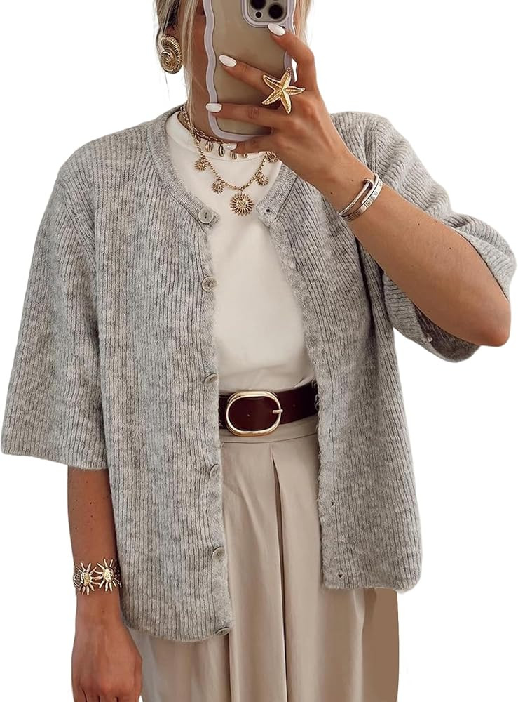 Arssm Women's Knitted Crop Cardigan Y2k Short Sleeve Button Down Cardigan Shirt Ribbed Knit Solid... | Amazon (US)