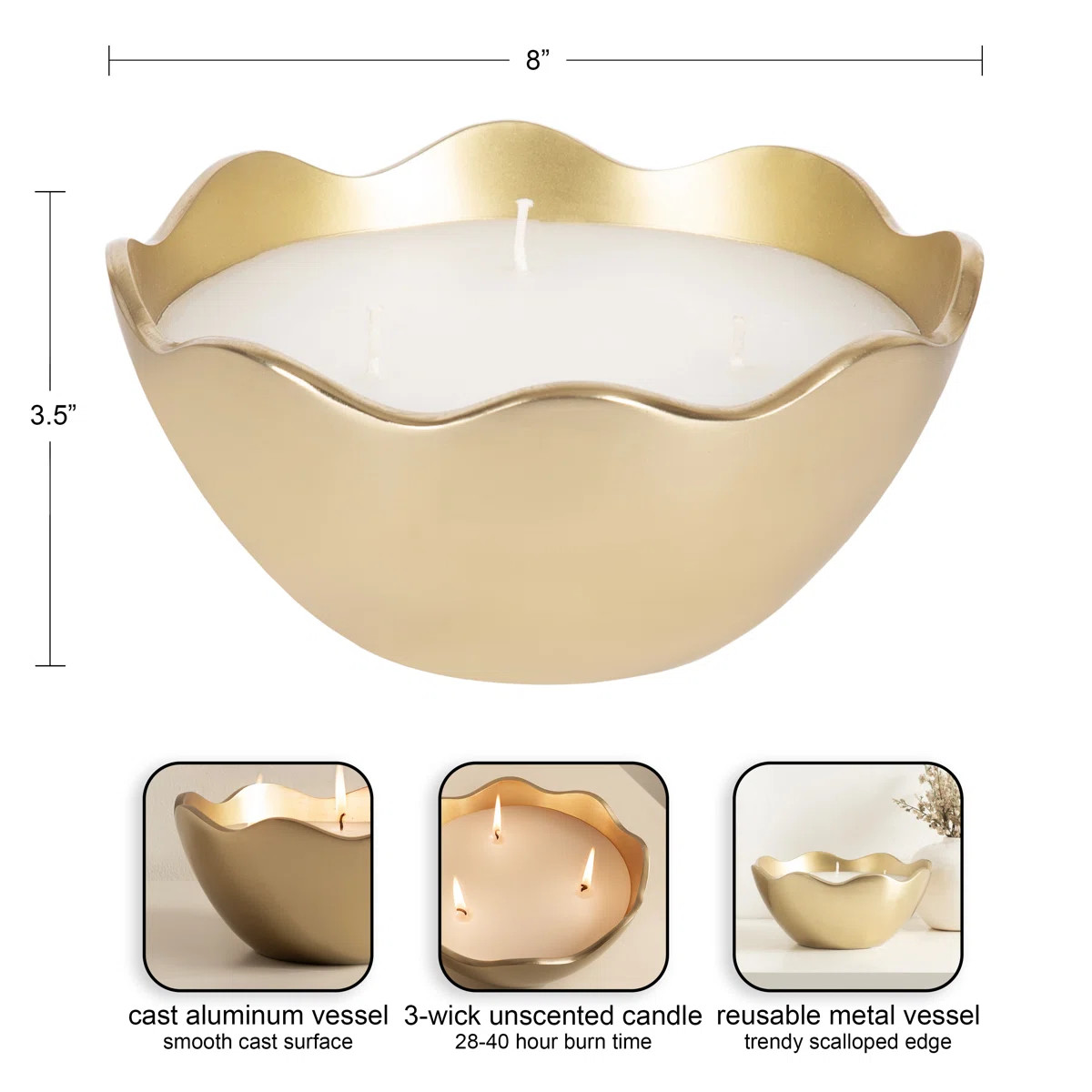 Ronni Scalloped Round Metal Three-Wick Unscented Candle Bowl | Wayfair North America