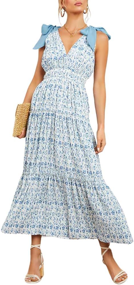 chouyatou Women's Summer Boho Floral Print Dress Tie Knot Strap V-Neck Swing Maxi Beach Dress | Amazon (US)