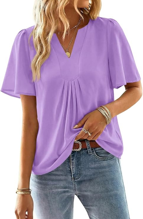 Amazon.com: Cicy Bell Womens Summer Blouses Bell Short Sleeve V Neck Babydoll Flowy Tops Dressy C... | Amazon (US)