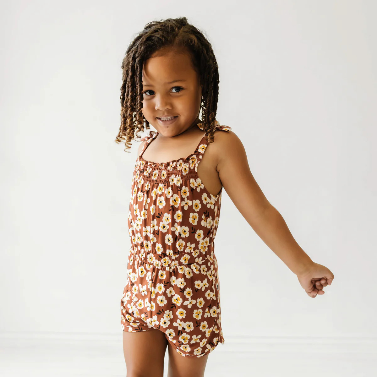 Mocha Blossom Smocked Romper | Little Sleepies