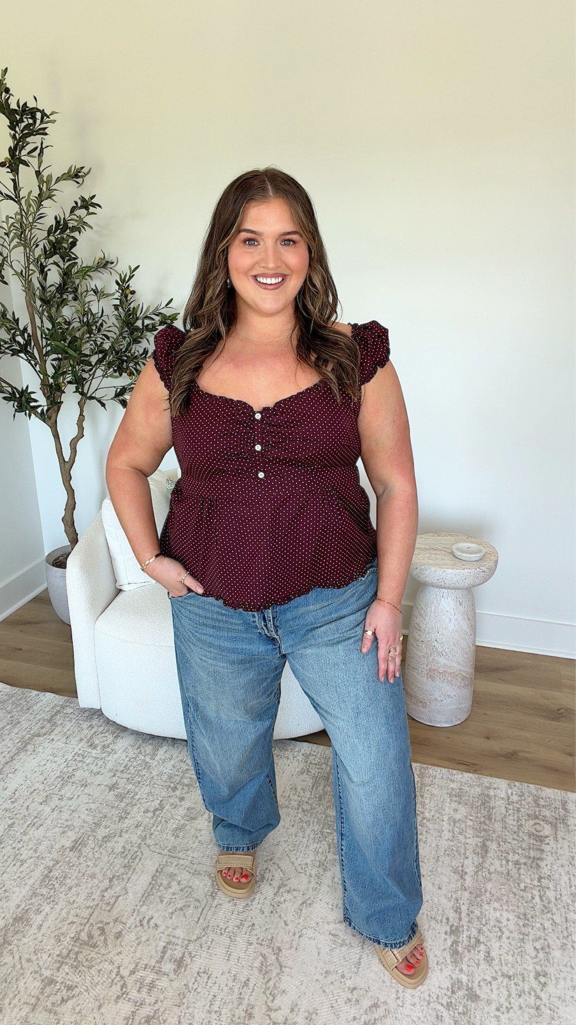 🎯 edition buy or bye 👋🏼 
I’m a sucker for the polka dot trend! Straps have a slight puff style to them. Paired with low rise denim which I never thought I’d like let alone LOVE! Wearing a size XXL and 18
This outfit is a BUY 🛍️

#LTKgrwm #LTKootd #LTKSeasonal