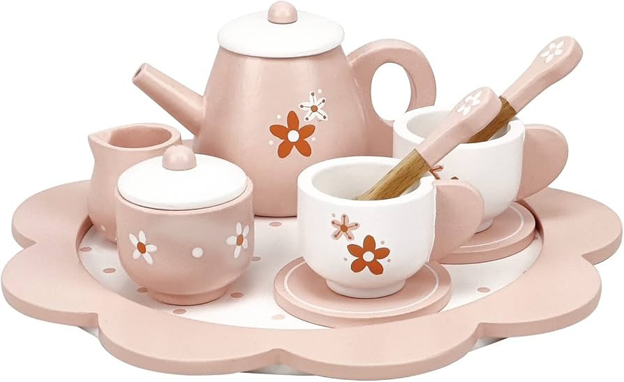 Wooden Afternoon Tea Set Toys for Toddlers Realistic Teapot Cups Carrying Tray Scoops Pretend Pla... | Amazon (US)