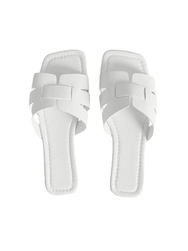 WDIRARA Women's H Sandals Crocodile Embossed Cut Out Flat Sandals Open Toe H Cross Strappy Slide Sandals White 8.5 | Amazon (US)