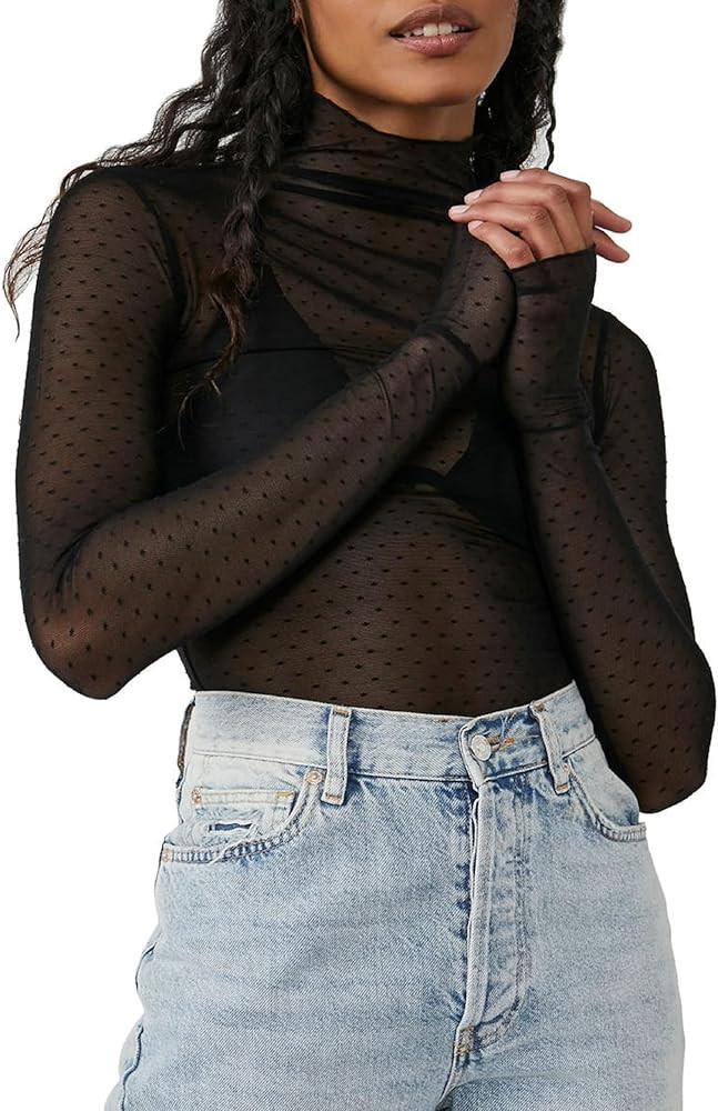 KMBANGI Women's Mesh Lace Long Sleeve Top Mock Neck Sheer Blouse Floral Lace Layering Tops Y2k Se... | Amazon (US)