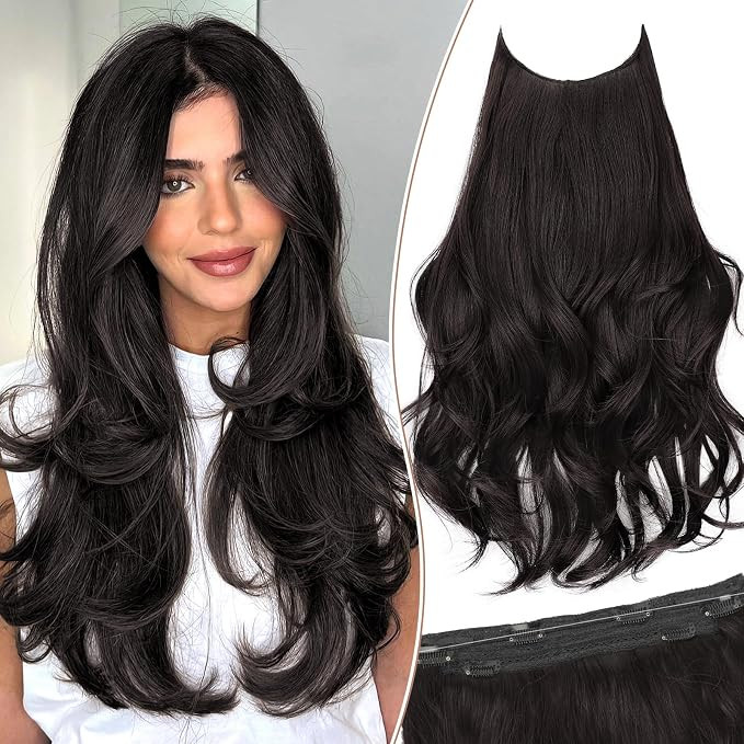 KooKaStyle Invisible Wire Hair Extensions 20‘’ Long Wavy Layered Synthetic Clip in Hair Exten... | Amazon (US)