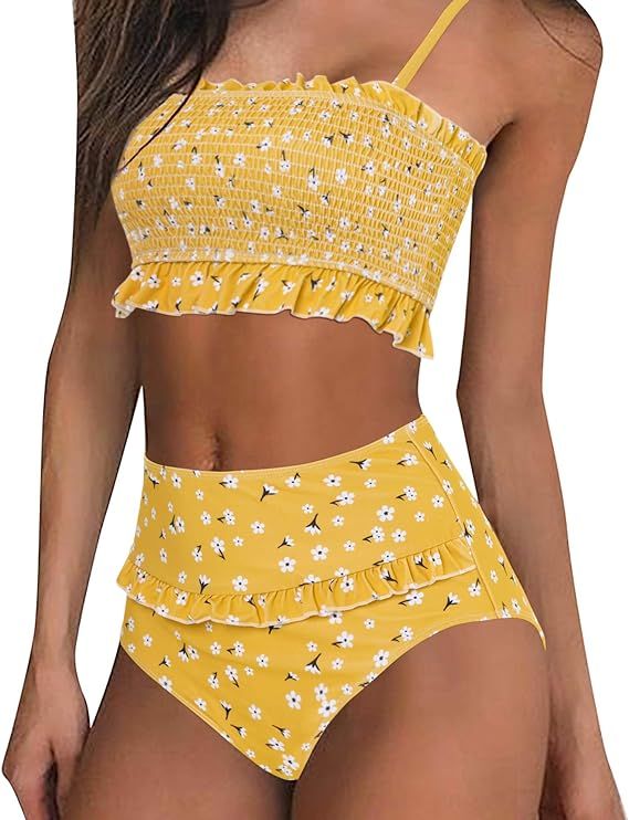 MOOSLOVER Women's Shirred Bandeau Bikini Top High Waisted Bottom 2 Piece Swimsuits Bikini Set | Amazon (US)