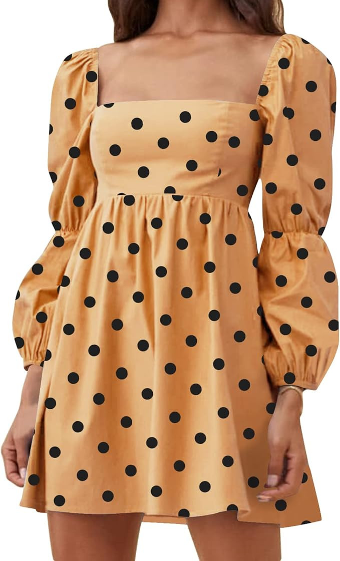 EXLURA Womens Square Neck Dress Long Puff Sleeve A-Line Casual Short Mini Dress | Amazon (US)