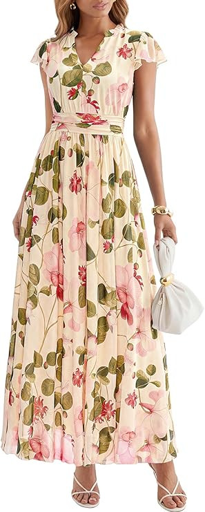 PRETTYGARDEN Womens Summer Dresses 2026 Flutter Short Sleeve V Neck Floral Mesh Dress Flowy Beach... | Amazon (US)