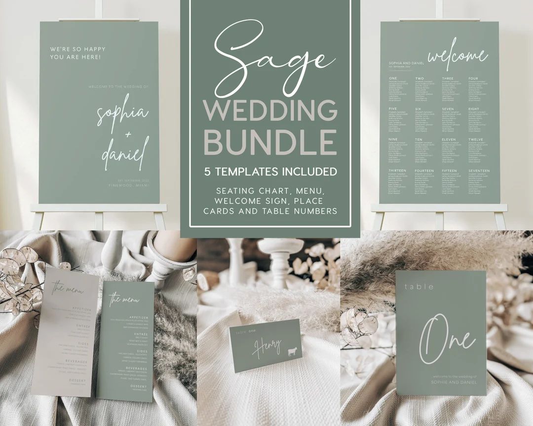 Wedding bundle sage green, Templates bundle, Seating chart sign, Wedding welcome sign, Menu cards... | Etsy (US)