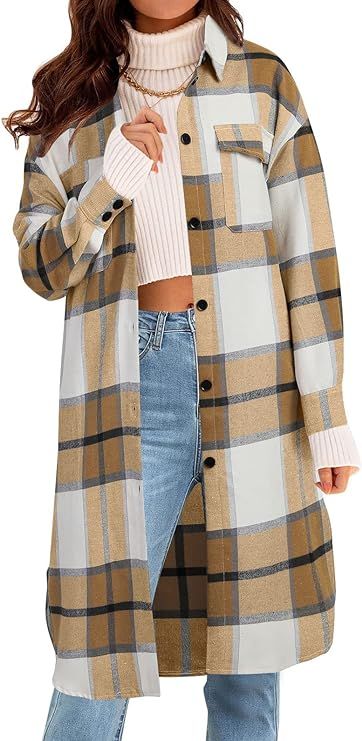 MEROKEETY Women's Plaid Long Sleeve Button Down Long Shacket Jacket Casual Shirts with Pockets | Amazon (US)