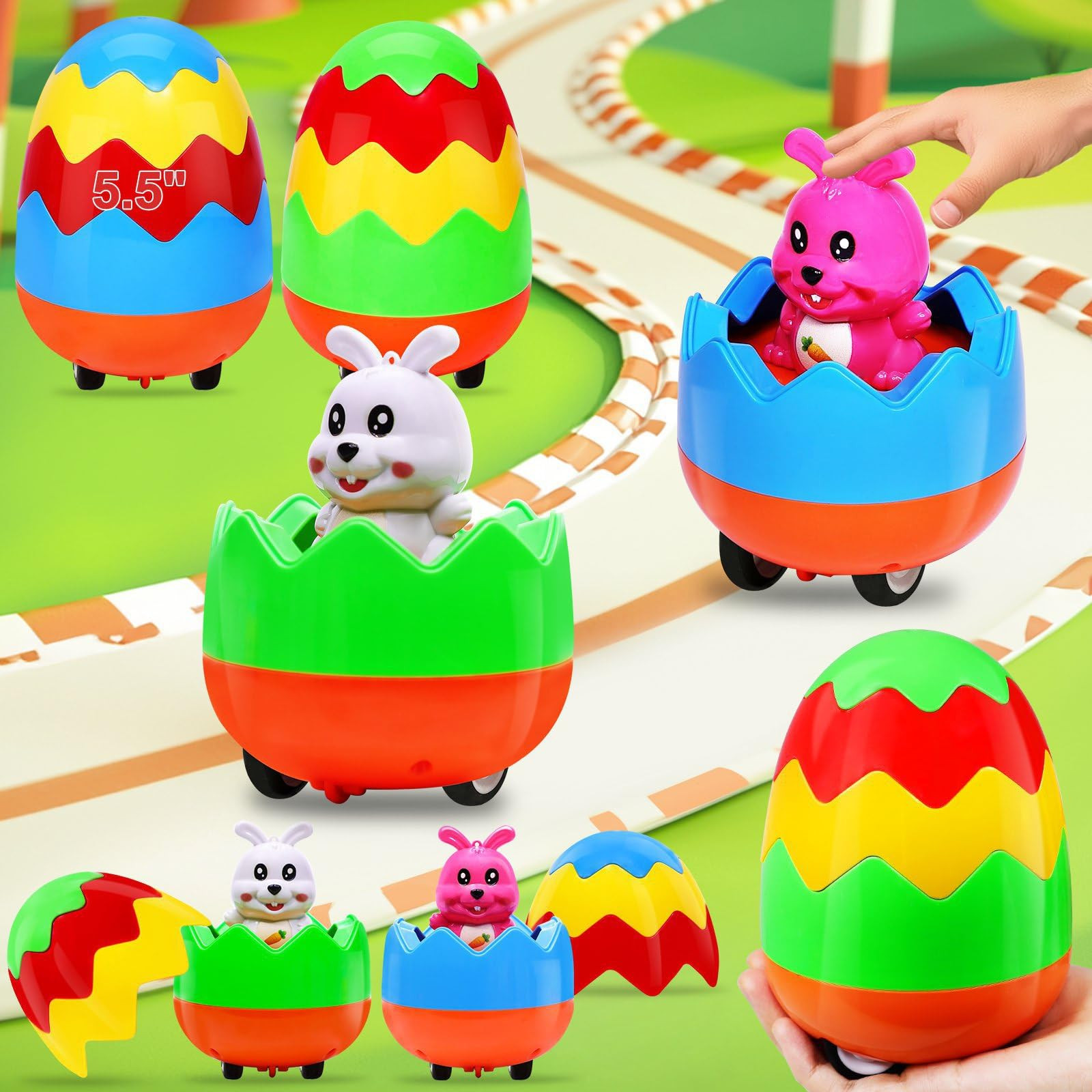 AMENON Jumbo 2 Pack 5.5" Easter Eggs Filled with Bunny Press and Go Car Toys for Toddler Boys Gir... | Amazon (US)