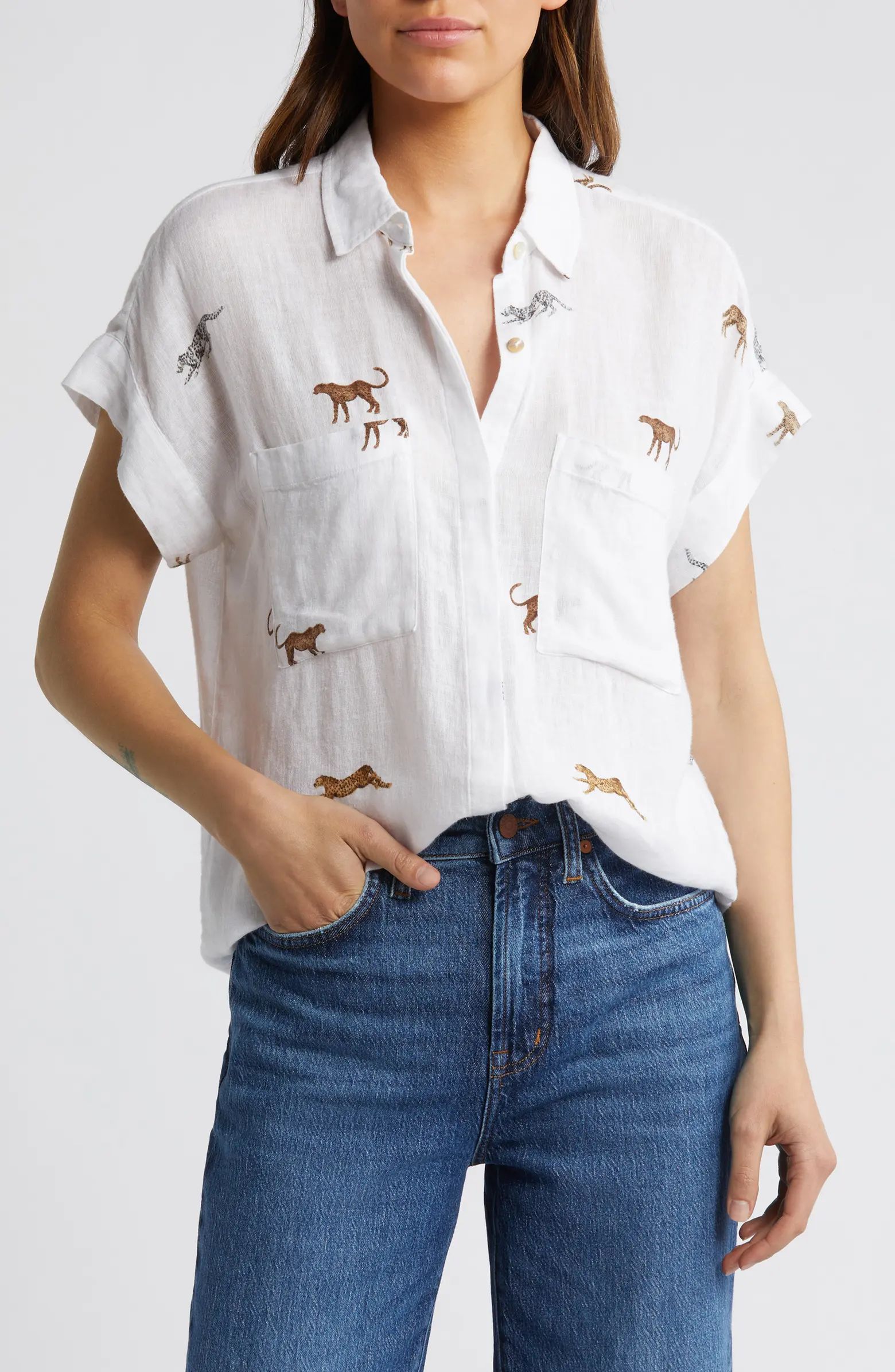 Cito Cheetah Print Short Sleeve Linen Blend Button-Up Shirt | Nordstrom