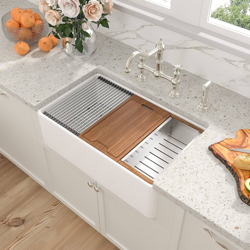 Sarlai 33 White Farmhouse Sink - 33 Inch Farm Kitchen Sink Ledge Workstation White Fireclay Ceram... | Amazon (US)
