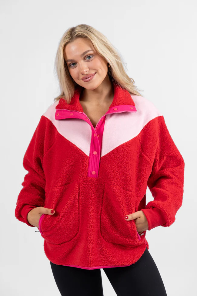 Good Feelings Red Multi Colorblock Sherpa Pullover DOORBUSTER | Pink Lily