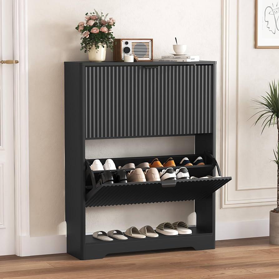 Shoe Cabinet Storage for Entryway with 2 Flip Drawers, Black Fluted Shoe Cabinet with Open Storag... | Amazon (US)