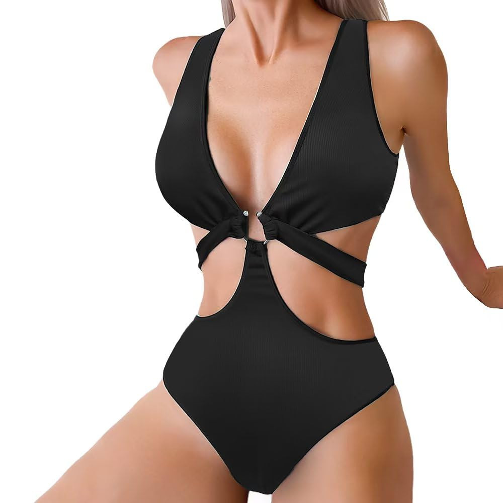 Women's Deep V Neck One Piece Swimsuit O-Ring Swimwear Sexy Cut Out Bathing Suit | Amazon (US)