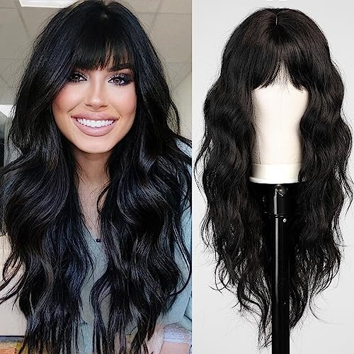HAIRCUBE Black Wig with Bangs for Women Long Wavy Hair Wig Black Wig Curly Wavy Synthetic Wigs for Girls Daily Party Use | Amazon (US)