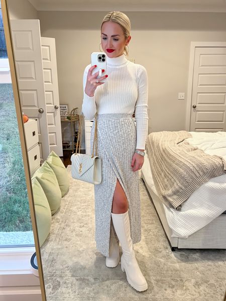 Sweater midi skirt / better days midi skirt / white bodysuit / turtleneck bodysuit / white boots / white lug sole tall boots / holiday outfit / holiday style / casual holiday / red lipstick 
Size: XS in skirt 

#LTKstyletip #LTKHoliday #LTKSeasonal