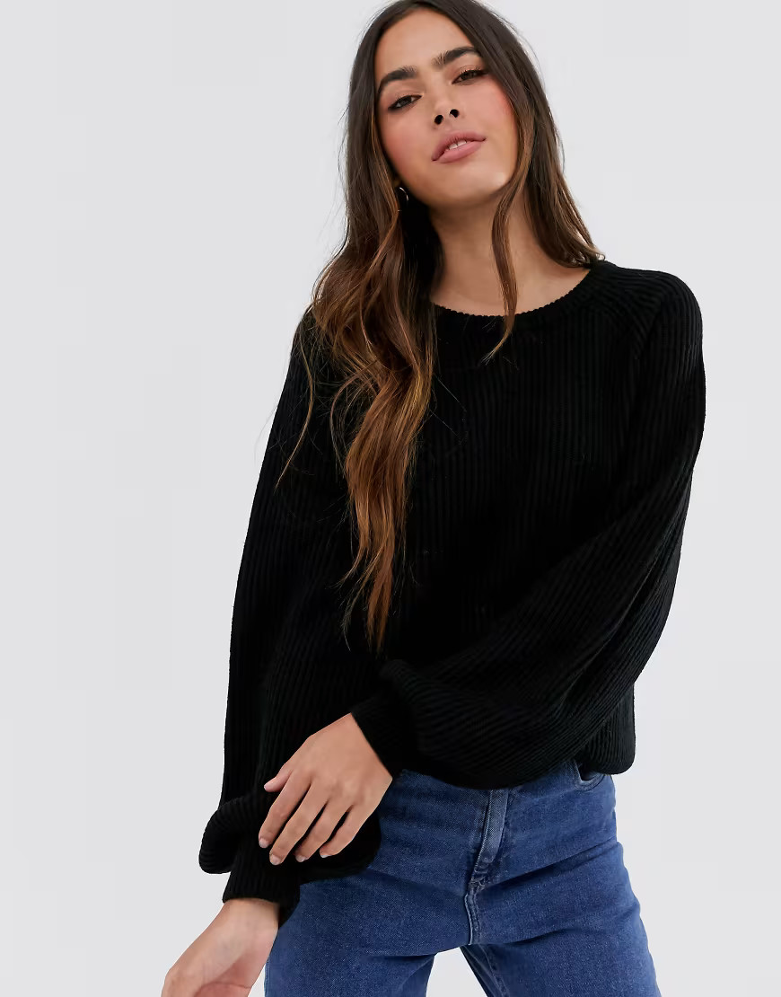 Vila balloon sleeve rib knitted jumper-Black | ASOS (Global)