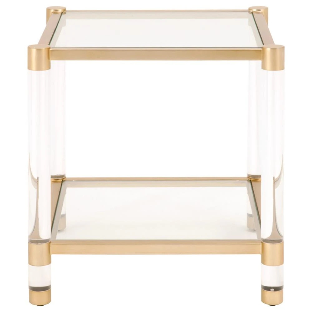 Rowan Modern Classic Glass Top Clear Acrylic Gold Metal Frame Side End Table | Kathy Kuo Home