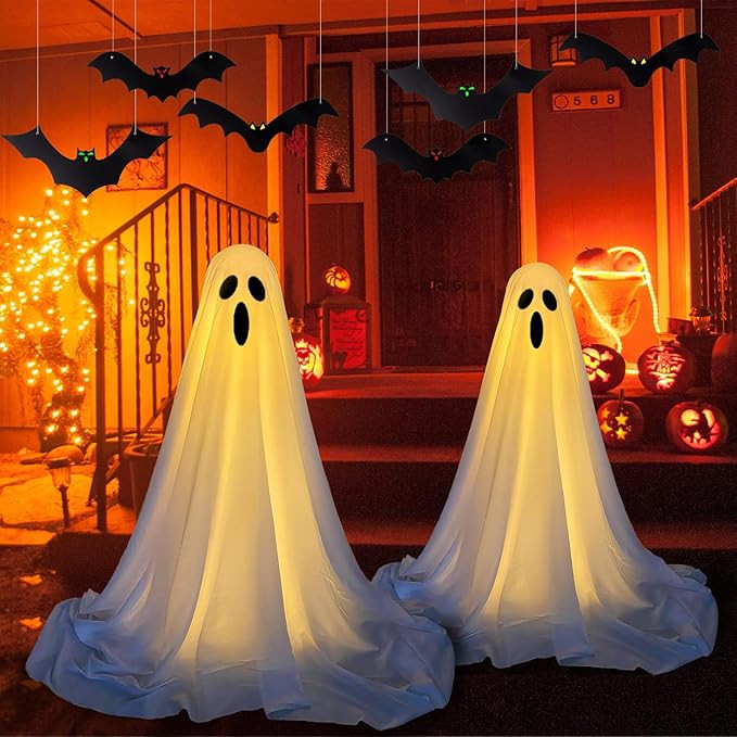2 Packs Halloween Decorations Outdoor, 65''Hanging Spooky Ghosts with 6 Pcs Large Flying Glow Bat... | Amazon (US)